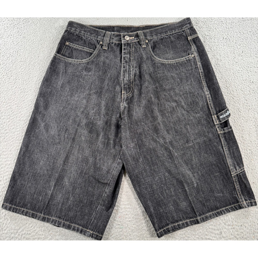 Vintage Rocawear Carpenter Jean Shorts Mens 36x14 Black Denim Utility Baggy Jort